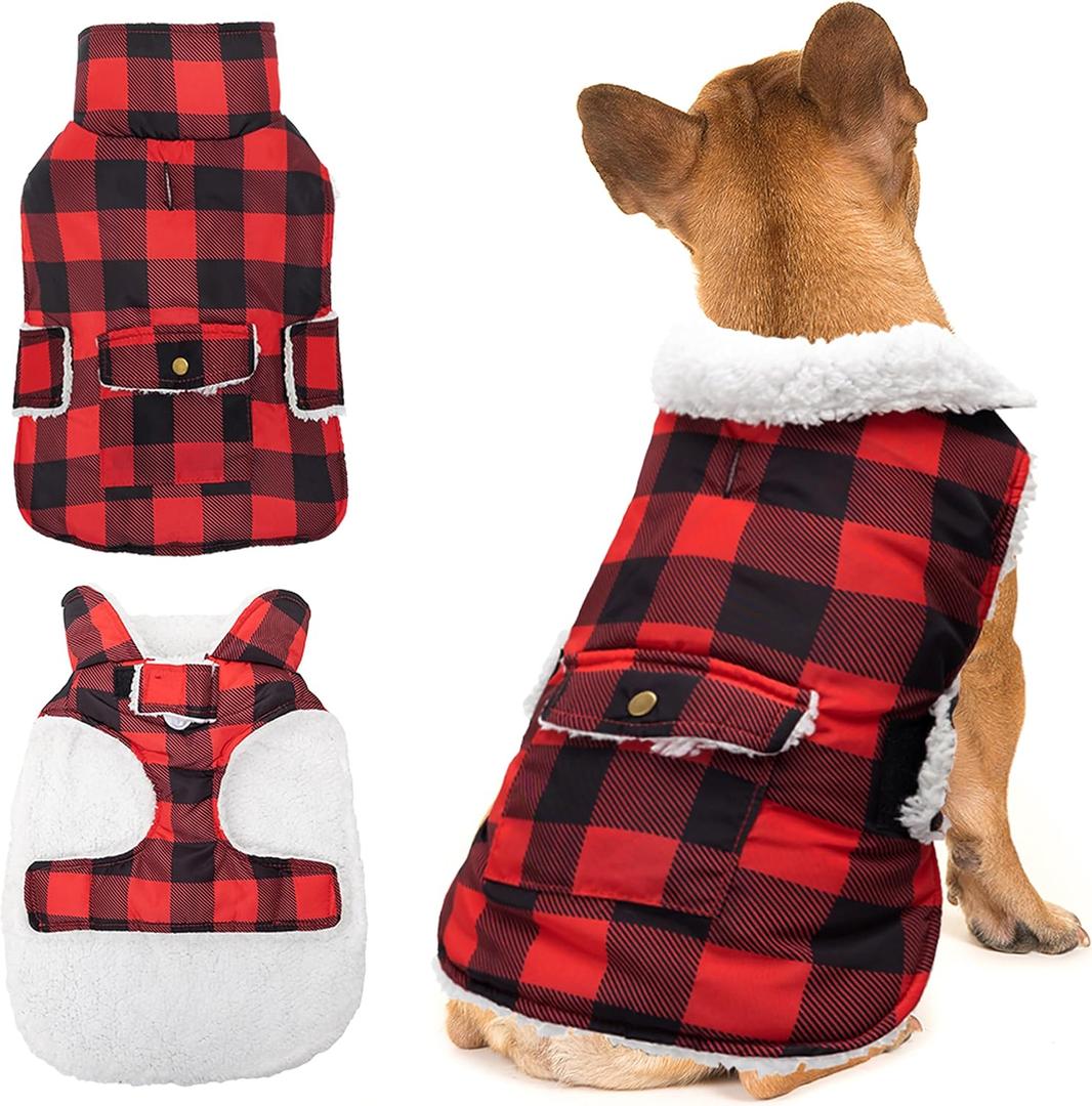 Dog Winter Coat - Windproof Fleece Warm Thick Dog Jacket Clothes for Snow Rainy Cold Weather - Plaid Pet Vest Coat Outfits for Small Medium Large Dogs - Indoor & Outdoor Use (Small) (Red)