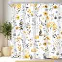 Cinbloo Yellow Gray Grey Flower Floral Shower Curtain,Wildflower Leaves Leaf Fabric Bathroom Curtains,Botanical Natural Watercolor Spring Summer Butterfly Cloth Shower Curtain Set with Hooks, 72Wx72H