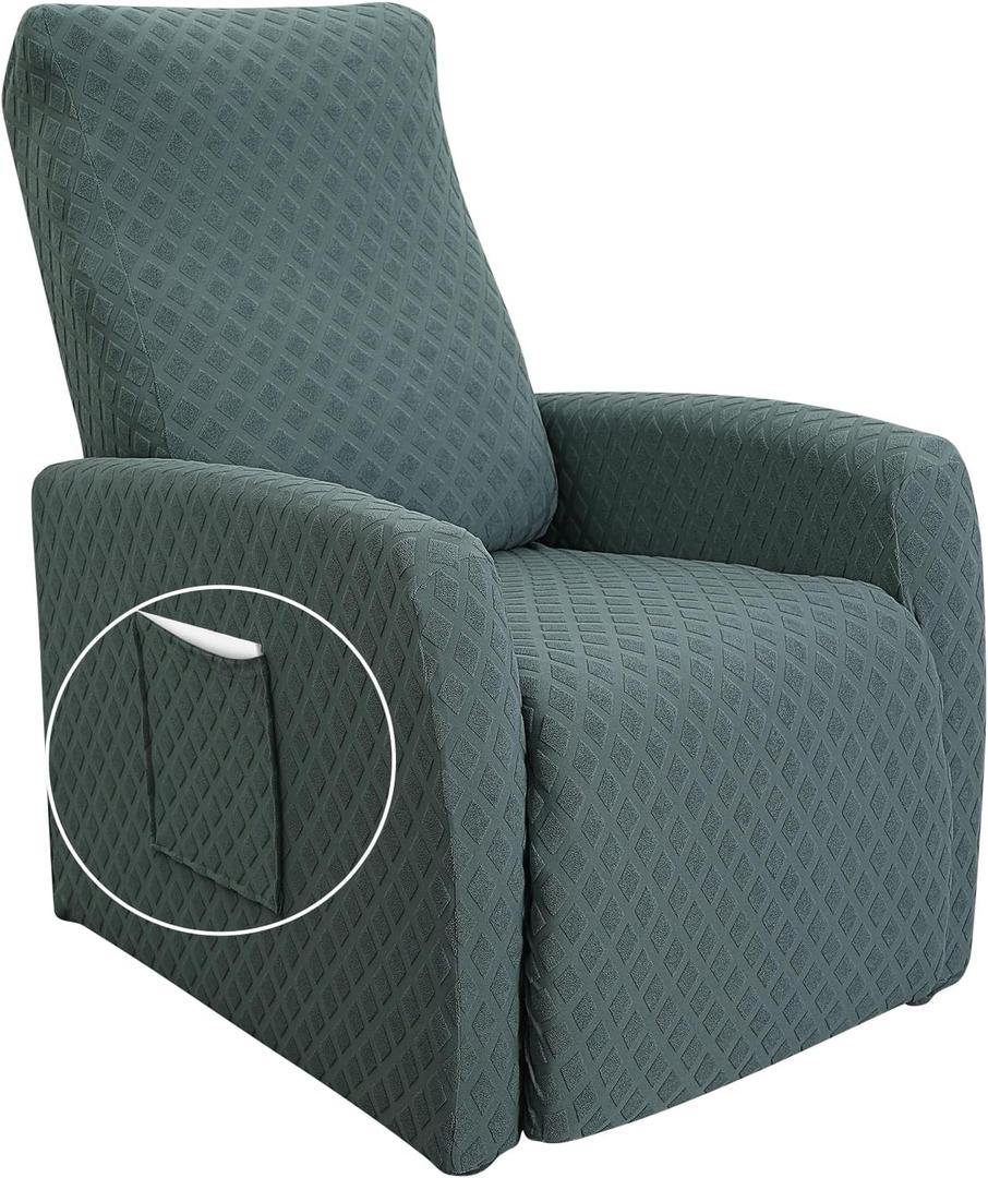 SearchI Recliner Chair Cover Jacquard Chair Covers 4 Piece, Small Recliner Sofa Slipcover for Home Theater Seating with Elastic Bottom, Recliner Protector with Pocket for Recliners,Sage Green