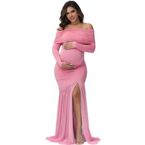 Maternity Long Sleeve Off Shoulder Baby Shower Dress Party Mesh Paneled Split Maxi Photography Gown for Photoshoot (Pink, S)
