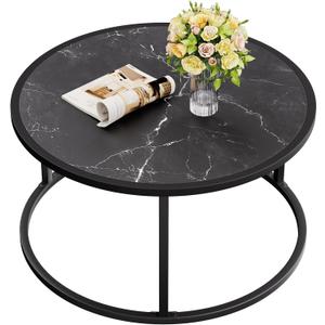 SAYGOER Black Coffee Table Round Marble CoffeeTables for Living Room Modern Small Center Table with Metal Frame, 27.6 * 27.6 * 17.7, Faux Marble