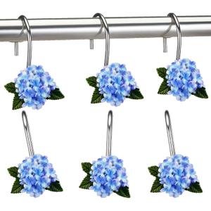Amyhill 12 Pcs Hydrangea Decorative Shower Curtain Hooks Blue Flower Shower Curtain Rings Hanger Stainless Steel Resin Spring Floral Themed Hooks for Home Bathroom Decor