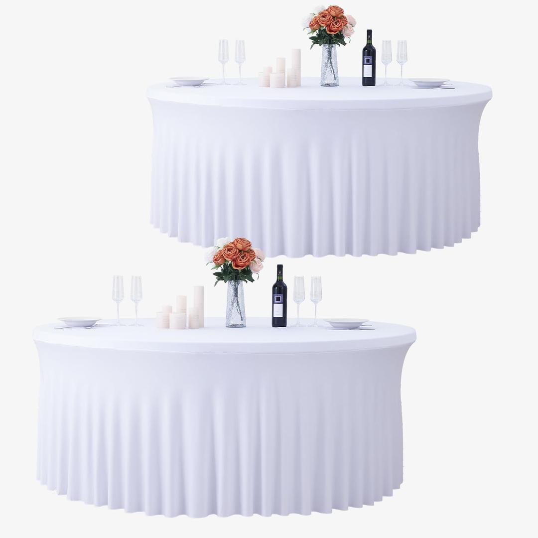 2 Pack White Table Cloth for 5FT Round Tables, Fitted Spandex 120 inch Round Tablecloth, Wrinkle Free White Table Skirt for Receptions Birthday Holiday Dinner Banquet Engagement Party Decoration