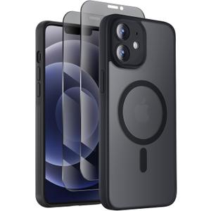 Designed for iPhone 12 Case, Compatible with MagSafe, with Privacy Screen Protectors X2, [Camera Protection] [15FT Military Drop Protection] Shockproof Phone Case, 6.1", Black