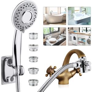 Sink Hose Shower Sprayer Attachment - Faucet Extension w/ 5 Adapters For Bathroom Bathtub, Kitchen Faucet, Utility Laundry Tub, Garden Hose Thread Spout For Delta, Moen, Kohler, American Standard (c-silver-big panel)