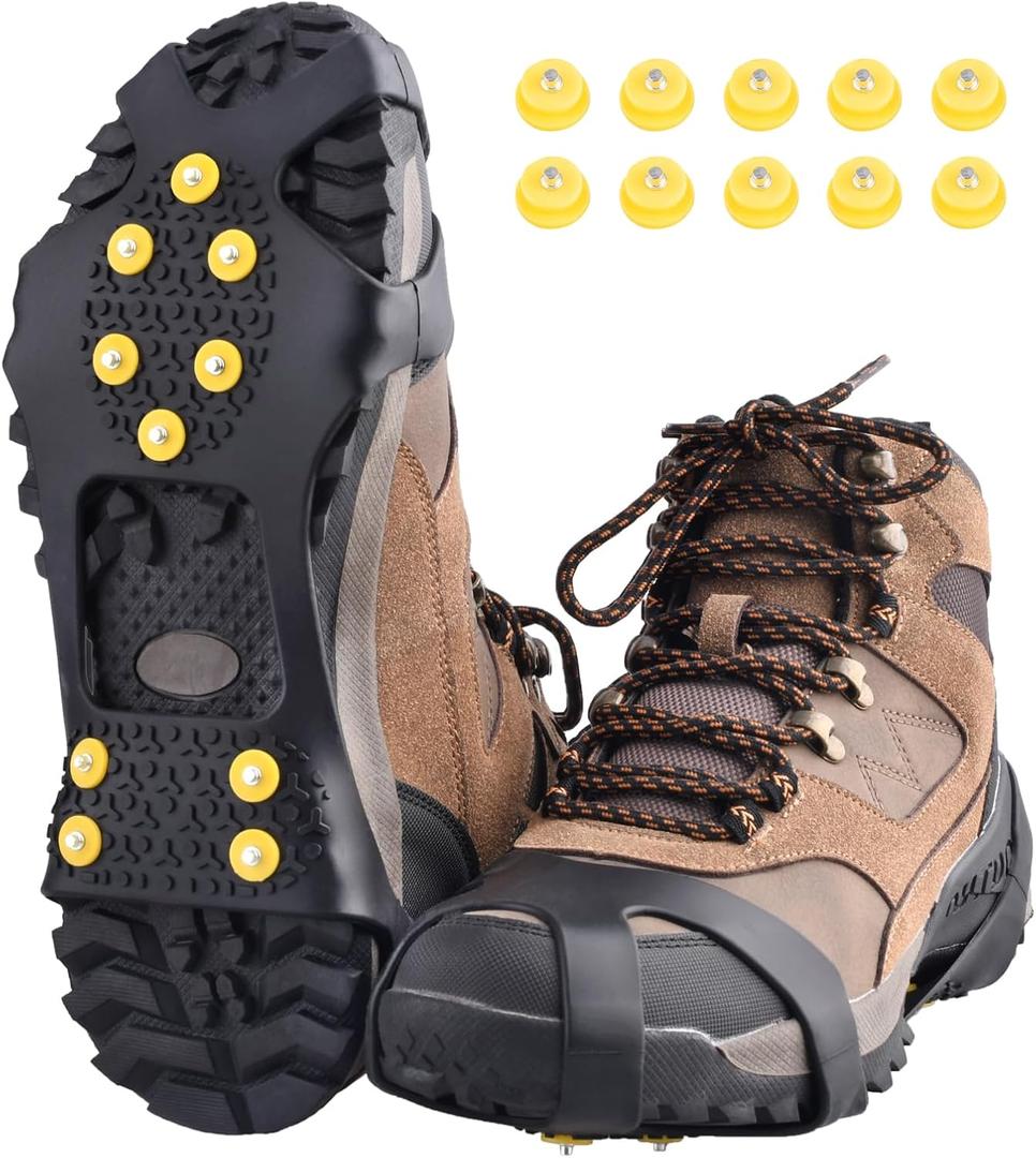 TRIWONDER Ice Cleats for Shoes and Boots Anti Slip Ice Grips Snow Crampons Traction Cleats Hiking Fishing Walking Gear (Large, 01 Black - 10 Studs)