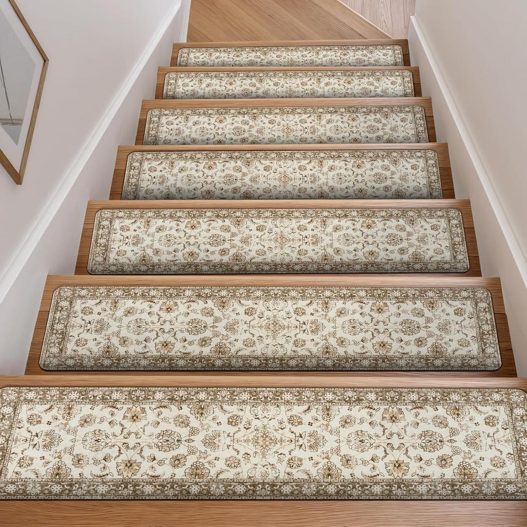 OJIA Vintage Stair Treads Non-Slip Stair Runners for Wooden Steps Indoor 15PCS 30"x8" Carpet Stair Treads Mats Staircase Step Treads for Kids, Elders and Dogs, Stair Covers, Beige