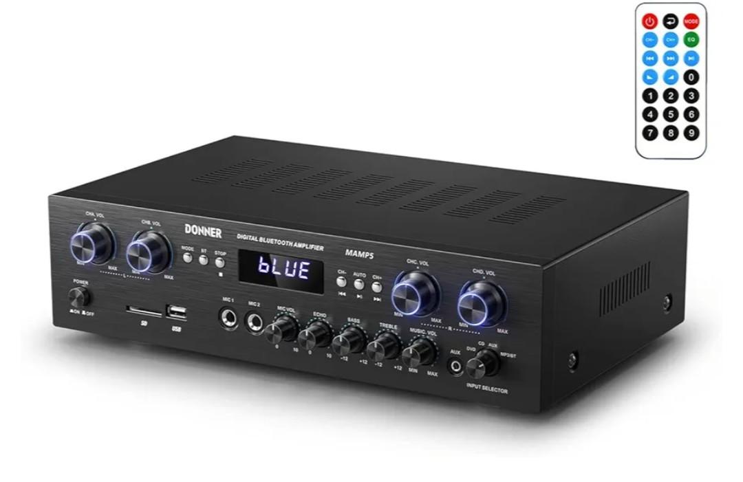 Donner Bluetooth 5.0 Stereo Audio Amplifier Receiver, 4 Channel 440W Peak Power Home Theater Stereo Receiver with USB, SD, FM, 2 Mic in Echo, RCA, LED, Speaker Selector for Studio, Home - MAMP5