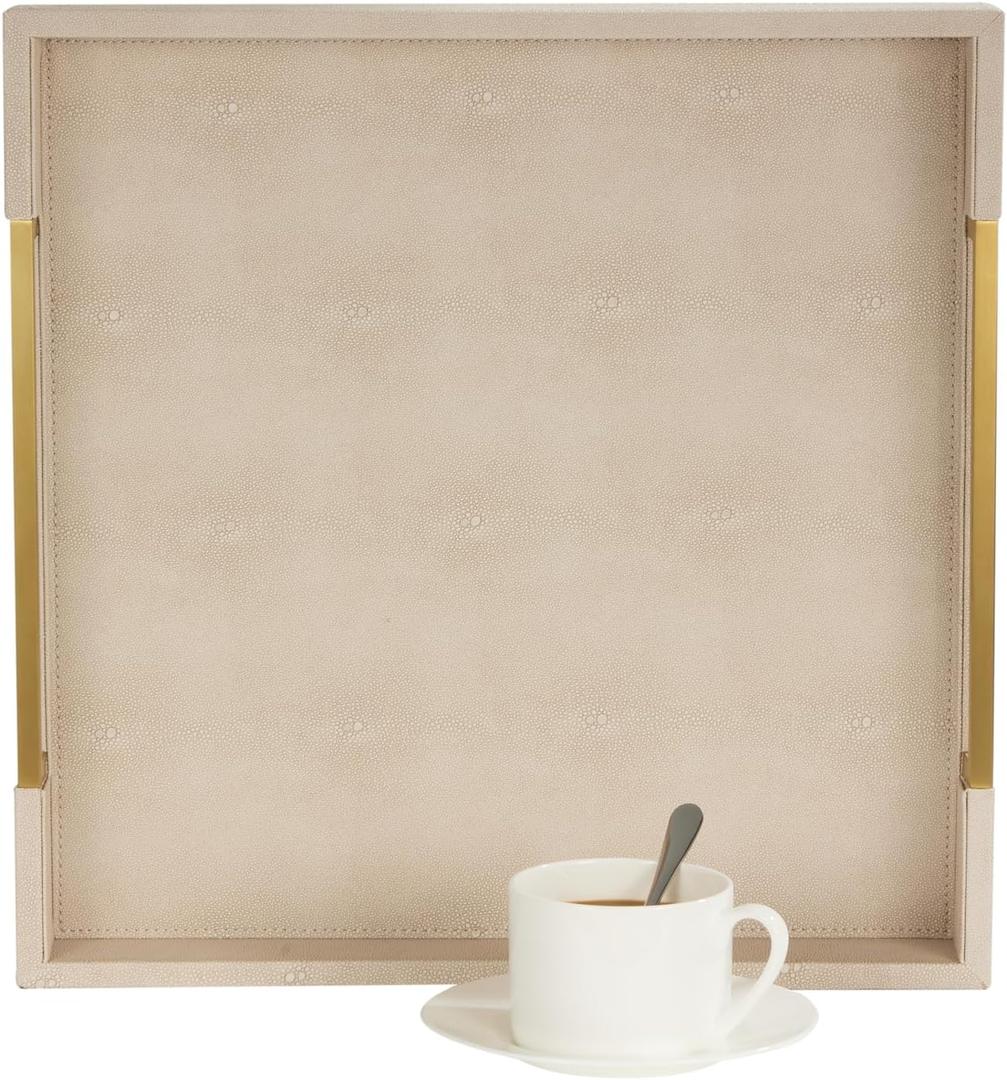 Sagala 16x16 Ivory Shagreen Leather Serving Tray with Brushed Gold Handles, Wooden Decorative Tray for Ottoman Coffee Table Bathroom Vanity Buffet (Ivory-Gold, Square 16")