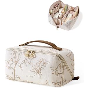 EACHY Travel Makeup Bag,Large Capacity Cosmetic Bags for Women,Waterproof Portable Pouch Open Flat Toiletry Bag Pattern Makeup Bag (F-Beige-Large)