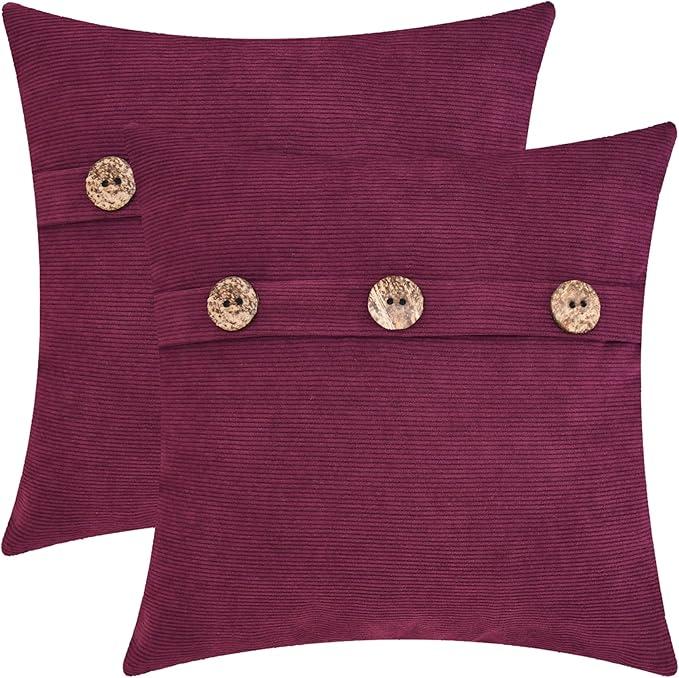 CaliTime Throw Pillow Cases Pack of 2 Ultra Soft Corduroy Striped Cushion Covers with Triple Large Natural Coconut Shell Buttons for Couch Sofa Home Farmhouse Decoration 16 X 16 Inches Black