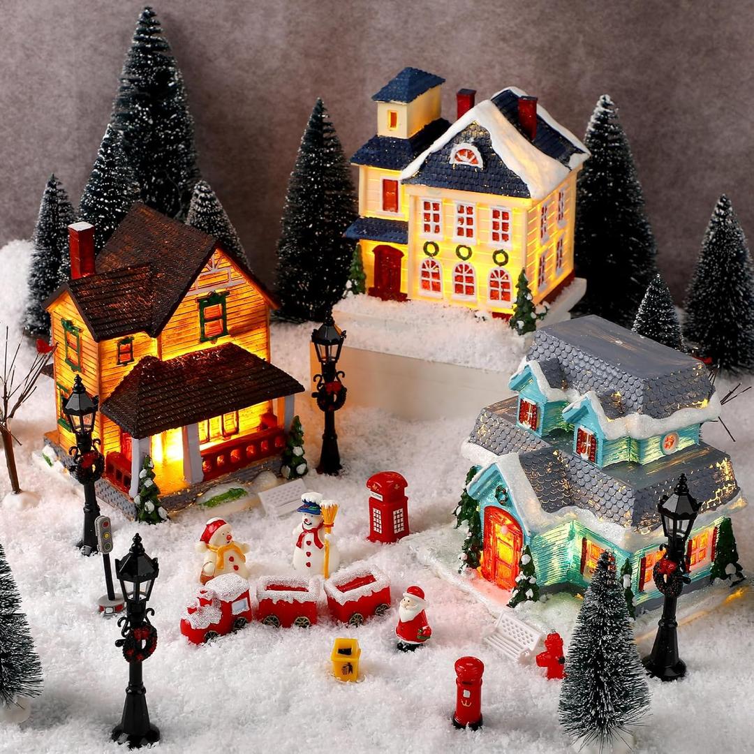 34 PCS Large Christmas Village Sets Pre-Lit Christmas Village Houses Decoration Battery Operated Christmas Figurine Accessories Town Building Collection for Indoor Room Deskto Decor and Display