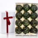 12PCS Green Glass Christmas Ornaments, 3.15” Textured Glass Ball Ornaments, Ribbed & Embossed Vintage Baubles, Rustic Farmhouse Holiday Decorations for Christmas Tree, Wreaths & Garland (Green)