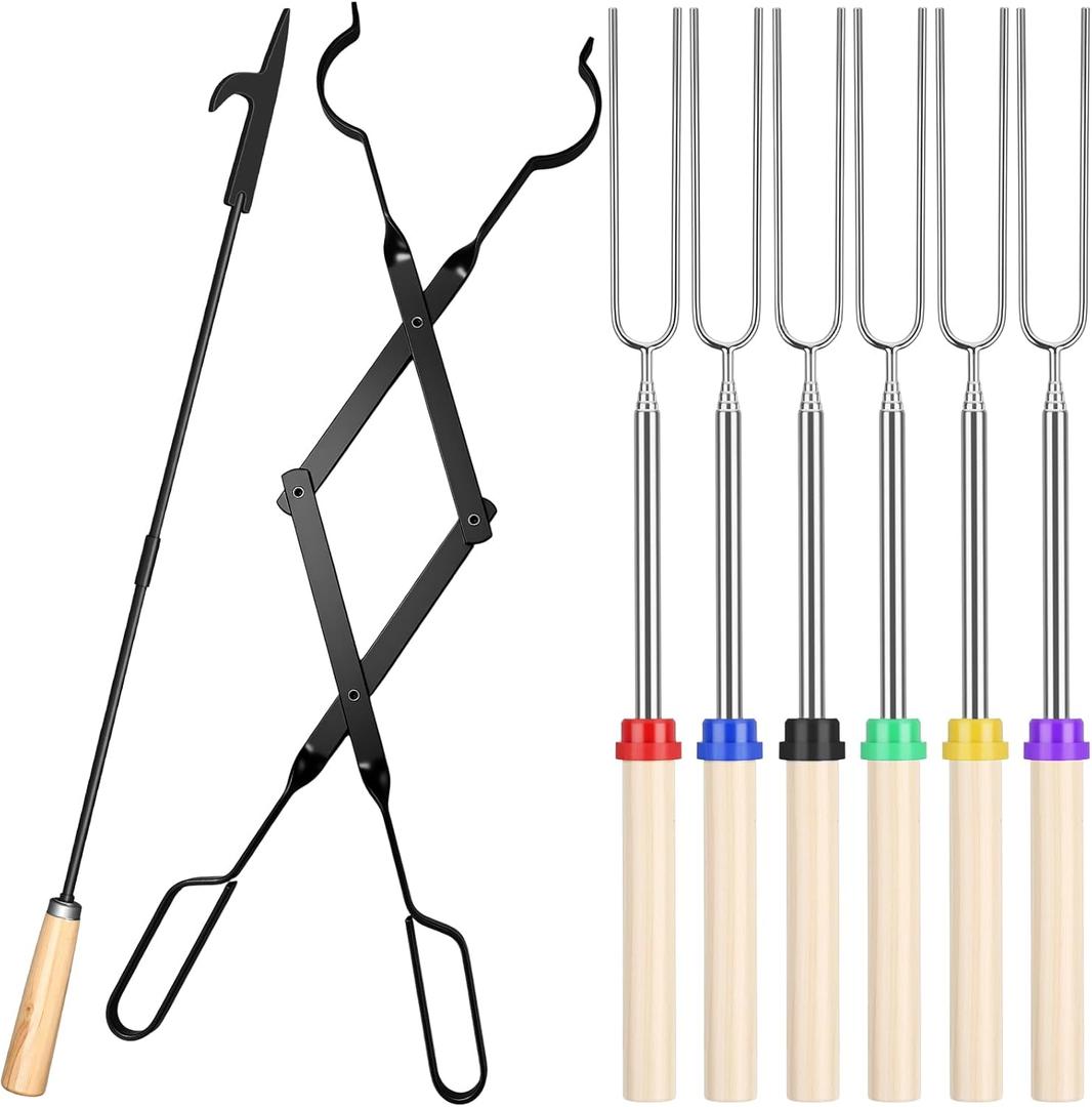 Patelai 8 Pcs Camping Gear Campfire Accessories Include 6 Pcs 32" Smores Sticks for Fire Pit 32" Campfire Poker 25" Fireplace Tong, Marshmallow Roasting Sticks Camping Essentials Hot Dog Fork Tools