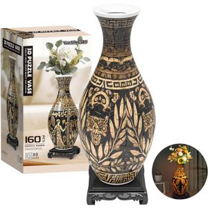 3D Puzzles Vase for Adults, 160 Pieces Plastic DIY Unique Flower Vase with LED Light, Crafts for Adults, Birthday Gifts, House Warming Gift for Flower Arrangements and Home Decor (Brown)