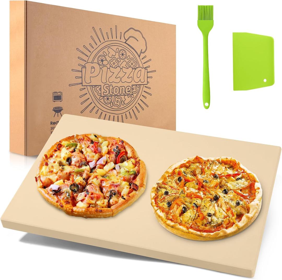 Pizza stone,20" x 13.5" Large Rectangular Pizza stone for Oven and Grill, Heavy Duty Cooking Stone Includes Free Plastic Scraper, Silicone Brush, Cordierite Baking Stone for Pizza, Bread, BBQ