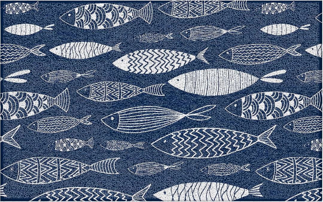 Navy Blue Fish Nautical Door Mat, Lake Beach House Decor Doormat Non-Slip for Front Door Porch Indoor Outside Entrance Entryway, Blue Fishing Lake Beach Welcome Mat, 17x30 Inch