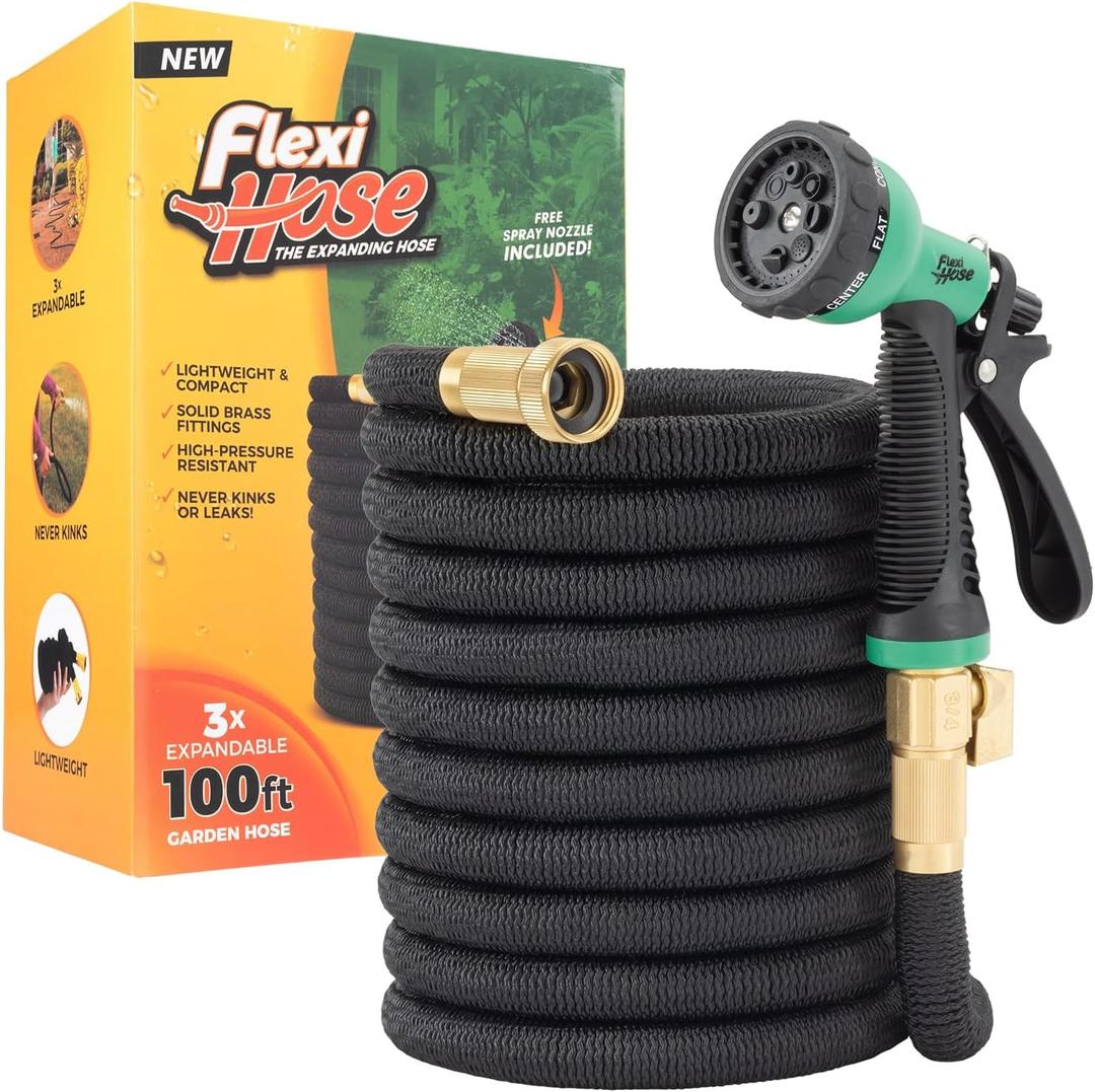 Flexi Hose with 8 Function Nozzle, 100FT - Lightweight Expandable Garden Hose, No-Kink Flexibility, 3/4 Inch Solid Brass Fittings and Double Latex Core - Black and Green