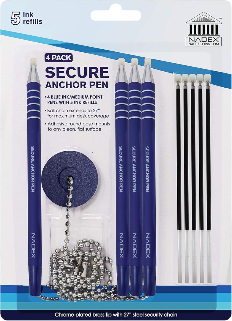 Nadex Ball and Chain Security Pen Set | 4 Pens, 1 Adhesive Mount, and 5 Refills (Blue)