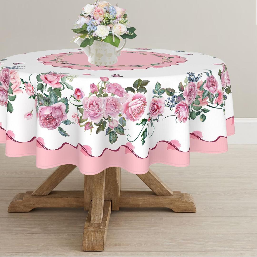 Yighty Round Tablecloth 60x60 Inch, Waterproof Wrinkle Resistant Durable Polyester Tablecloth Pink Rose Floral Tablecloth for Indoor and Outdoor, Holiday Farmhouse Kitchen Dining Room and Party