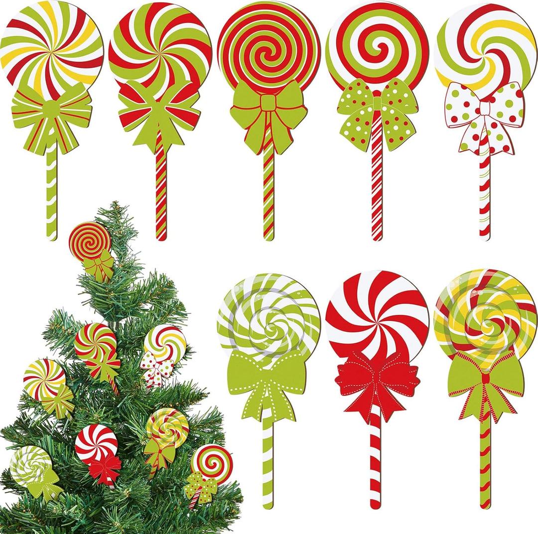 8 Pcs Large Green Christmas Candy Picks Wooden Peppermint Red Green Lollipop Candy Picks Ornaments for Tree Christmas Home Office Holiday Party Decorations, 13.78 x 5.91 Inch