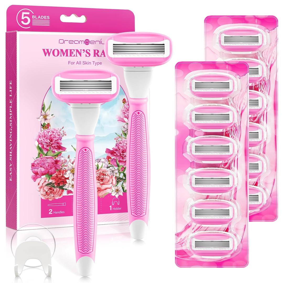 Razors for Women Include 2 Non-Slip Handles and 14 Blade Refills with a Shower Holder, 5 Premium Blades Women's Razors for Shaving with 360 Lubrication Reduces Irritation, Pink