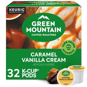 Green Mountain Coffee Roasters Caramel Vanilla Cream, Single-Serve Keurig K-Cup Pods, Flavored Light Roast Coffee Pods, 32 Count (EXP 03/27/28)