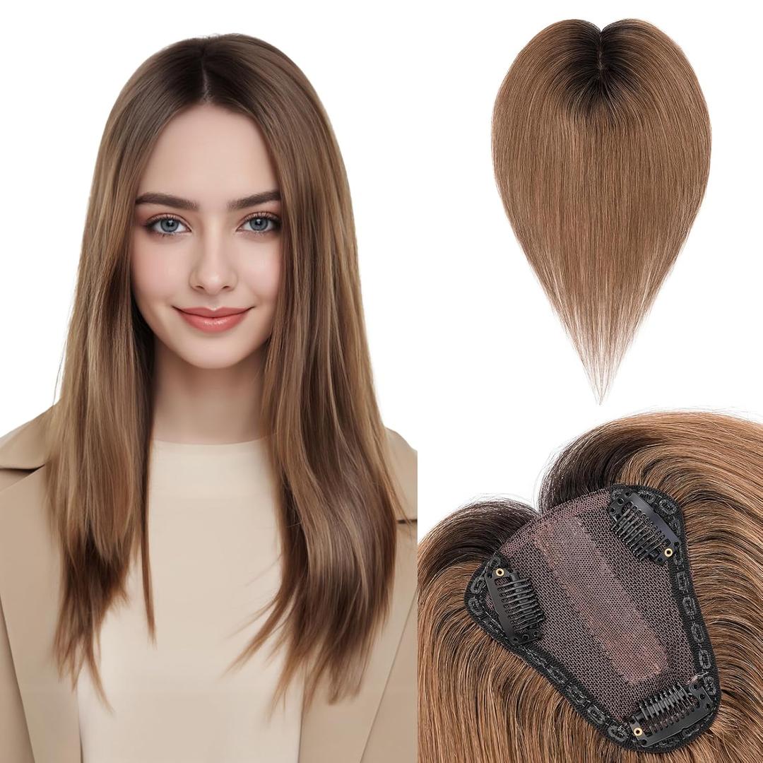Benehair Hair Toppers for Women Real Human Hair 100% Remy Human Hair Pieces for Women with Thinning Hair 8 * 10cm Lace Silk Base 12 Inch 35g Clip in Hair Extension Ombre Light Brown