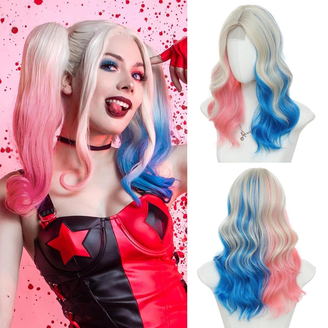 Pink Blue Wave Wigs for Women 18 Inch Medium Length Wigs Middle Part Curly Wavy Wig Natural Looking Synthetic Heat Resistant Fiber Wig for Daily Party Use(Pink Blue,18 Inch)