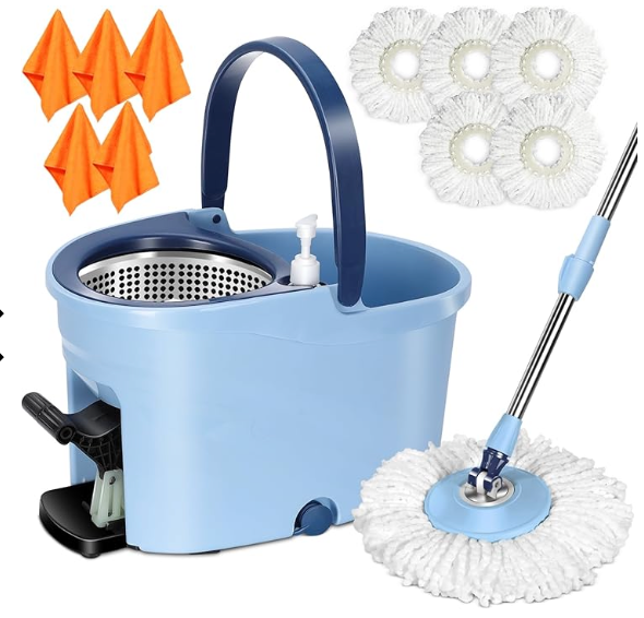MASTERTOP Mop and Bucket with Wringer Set, Spin Mop Cleaning System with 3 Mop Pads,Spinning Mop Bucket for Floor Cleaning, 50.4" Extended Handle