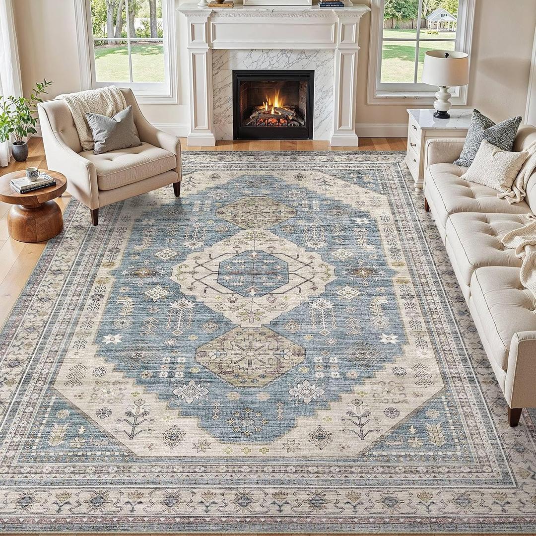 7x9 Washable Area Rug, Large Rugs for Living Room Stain Resistant Non Slip Backing Soft Low Pile Vintage Carpet for Bedroom Dining Room Kid & Pet Friendly Home Decor - Blue