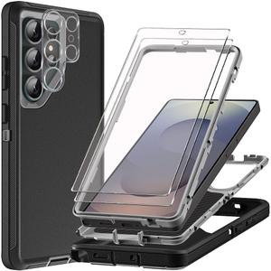 for Samsung Galaxy S25 Ultra Case with 2Pcs Tempered Glass Screen Protector and 1Pcs Camera Lens Protector, 3 in 1 Heavy Duty Shockproof/Drop Proof/Dust Proof Case (Black/Grey)