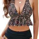 Edelqual Women High Waisted Bikini Sets Two Piece Swimsuit Ruffle Tummy Control Bathing Swim Suit Halter V Neck Swimwear (X-Large, Black Floral)