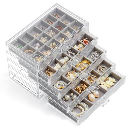 YUFONG Jewelry Organizer with 5 Drawers Clear Acrylic Earring Display Case Velvet Jewelry Storage Box Display Holder for Earring Ring Bracelet Necklace (Gray, 66 Grids)