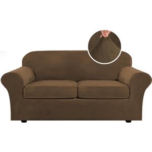H.VERSAILTEX Real Velvet Plush 3 Piece Stretch Sofa Covers Couch Covers for 2 Cushion Couch Sofa Slipcovers Width Up to 90 Inch Feature Thick Soft Stay in Place (Sofa, Bronze Brown)