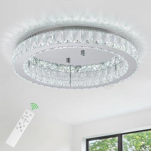 HOPGGIE 18" Crystal Chandelier with Remote Control LED Flush Mount Ceiling Light Fixtures Modern Round Ring Chandelier Light for Living Room Bedroom Dining Room (dimmable)