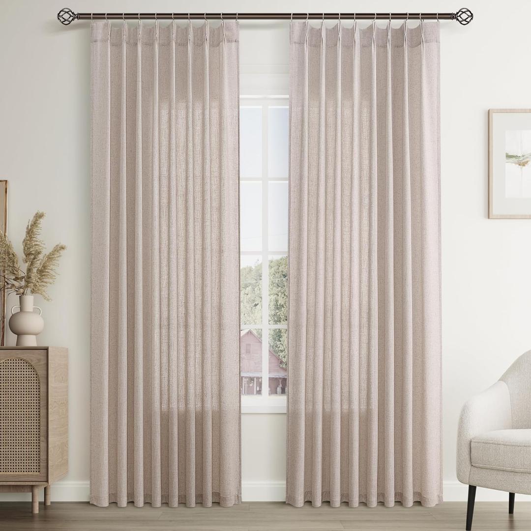Joywell Linen Pinch Pleated Window Curtains 84 Inch Long,Back Tab Clip Rings Semi Sheer Light Filtering Drapes with Hooks for Bedroom Living Room Decor,W50 x L84,Oatmeal,2 Panels Set