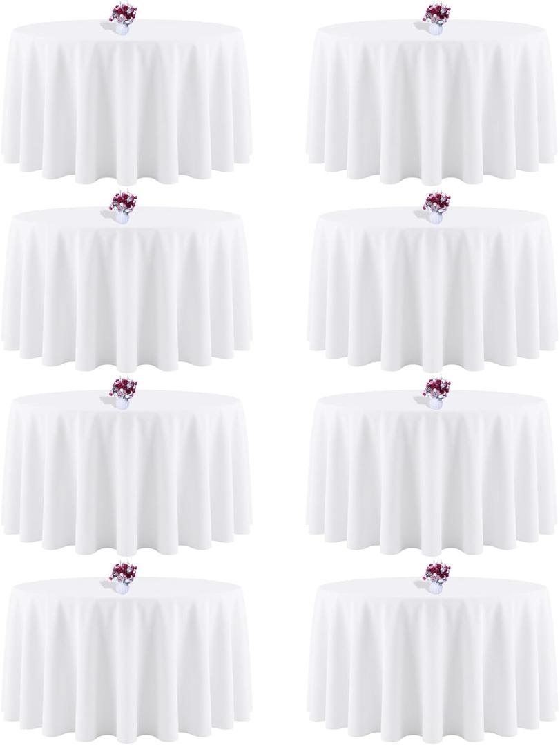 8 Packs 90 Inch White Round Tablecloth in Diameter, Washable Polyester Fabric Tablecloths, Wrinkle Resistant Table Cloth for Wedding Party Banquet Dining