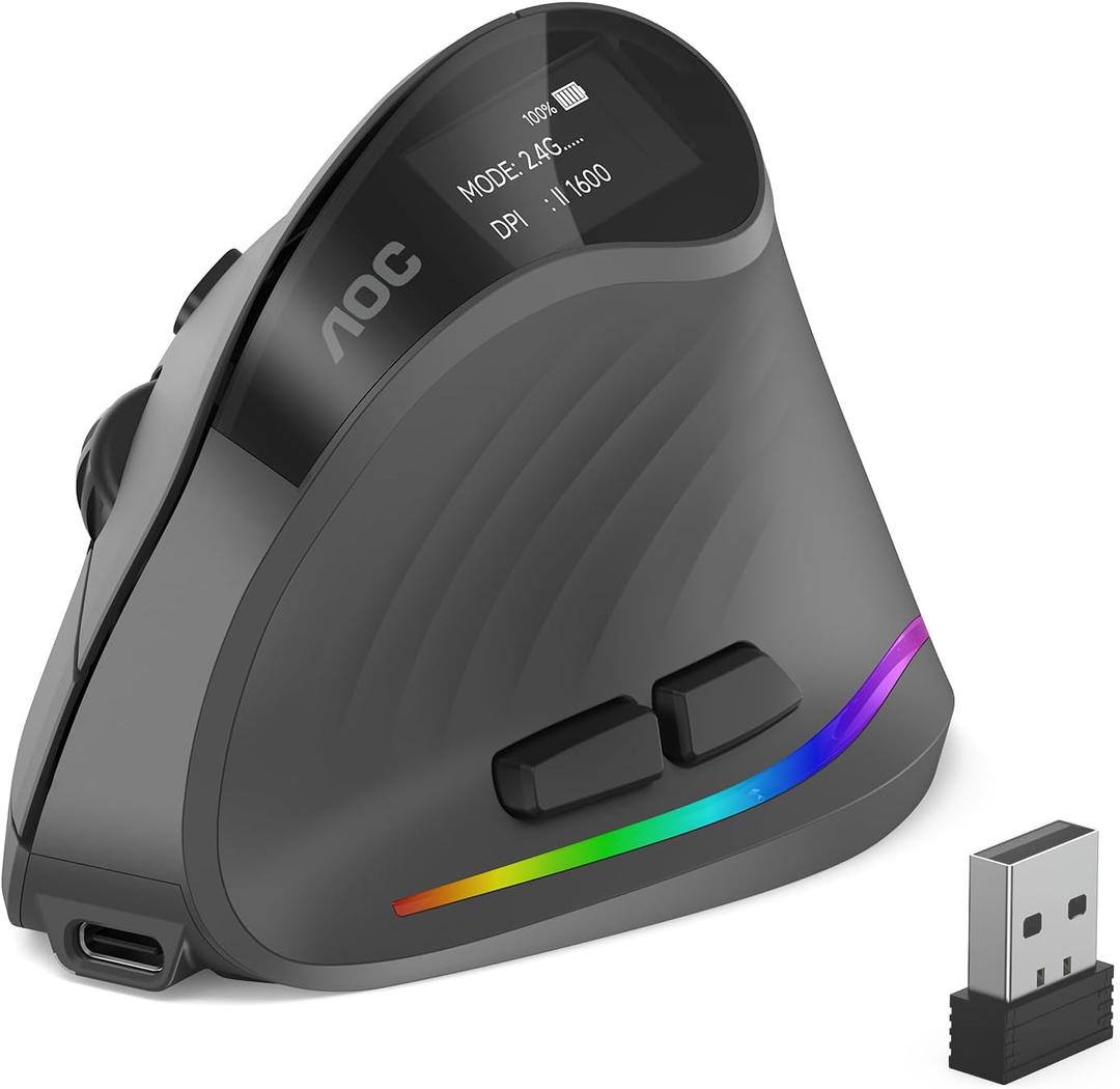 AOC 2.4GHz Ergonomic Mouse, Wireless Bluetooth Vertical Mouse for Work, 4800 DPI Optical Tracking, 5 Adjustable DPI, Quiet Clicks, RGB Light, Compatible with Computer, Laptop, PC, Mac, Desktop - Gray