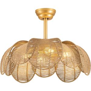 Boho Rattan Ceiling Fans with Lights and Remote,Gold Flower Bladeless Fandelier for Dining Room,Bedroom,Kitchen,Nursery(26 Inch,6 Speeds,Timing,Adjustable Height)
