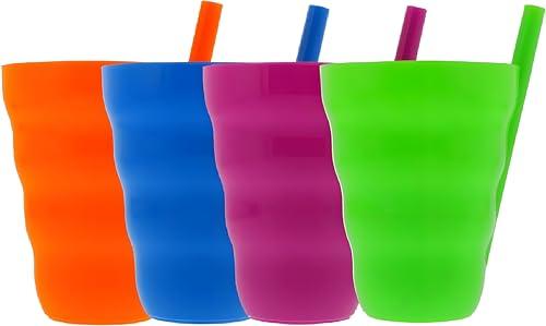Bexter (Set of 4) Plastic Straw Cups with Built-In Straws – 22oz Stackable Plastic Tumblers – BPA-Free, Reusable Sip-A-Cup Drinkware – Dishwasher Safe – Water, Juice, Milk