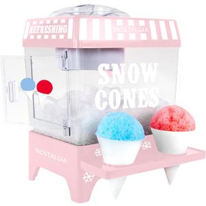 Nostalgia Snow Cone Shaved Ice Machine - Retro Table-Top Slushie Machine Makes 20 Icy Treats - Includes 2 Reusable Plastic Cups & Ice Scoop - Pink