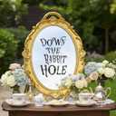 Threehoney Wonderland Tea Party Decoration Vintage Oval Mirror 15.4 x 9.4 Inch Golden Mirror for Tea Party Decoration Birthday Baby Shower Women Wedding Dinner Supplies(Down the Rabbit Hole)