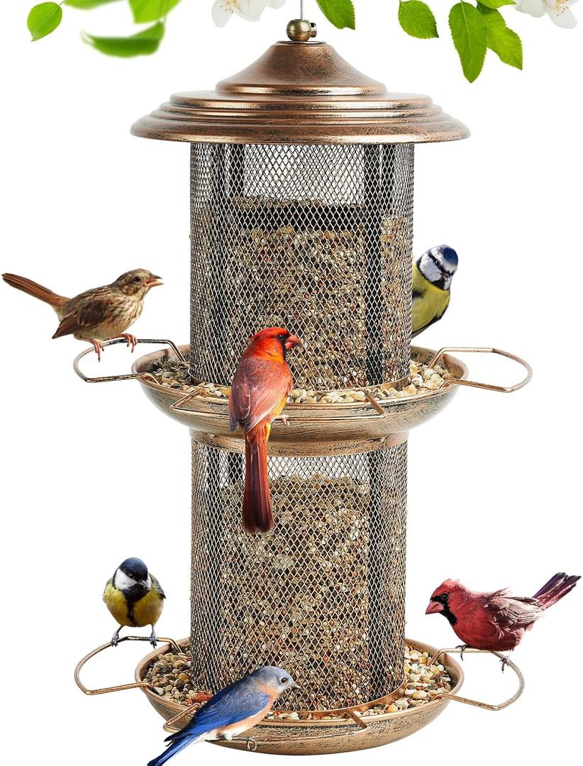 Bird Feeder for Outdoors, Double Layered Circular Tower Birdfeeder, Metal Bird Feeders with Cover Fixing Buckle for Outside Hanging, 4Lbs Capacity