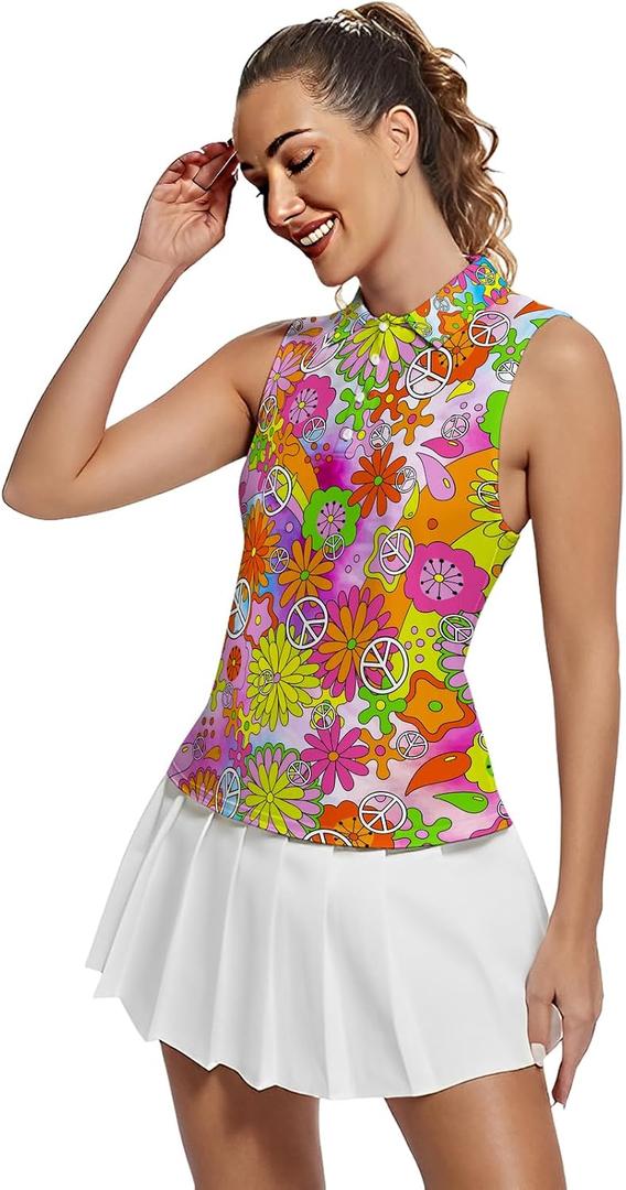 Golf Shirt Womens Sleeveless Moisture Wicking Athletic Printed Polo Golf Tank Top Women (XS-4XL) (Pink, XXL)