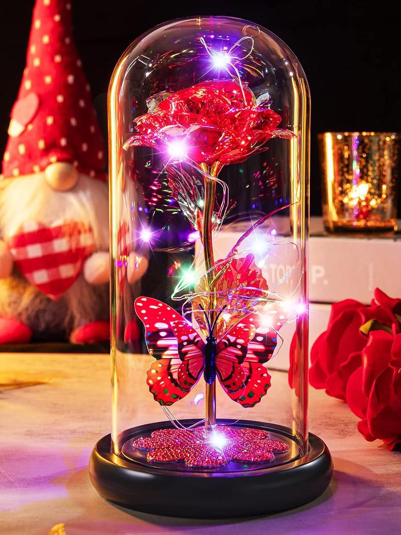 Mothers Day Rose Gifts for Mom Birthday Gift for Women Galaxy Glass Rose in Glass Dome Forever Eternal Crystal Roses with Butterfly Mother's Day Flower Gifts for Women Wife Grandma Daughter Sister Red