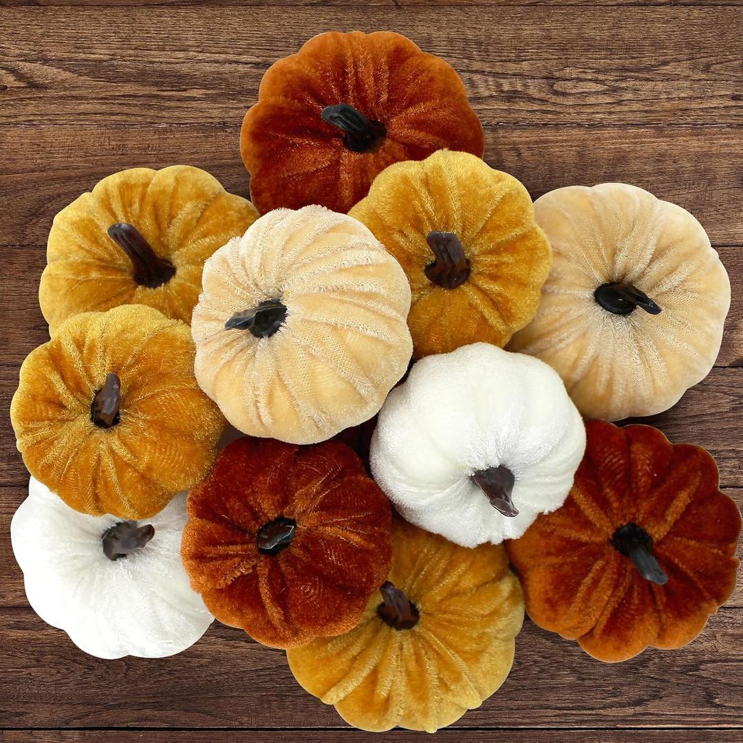 12pcs Pumpkin Fall Decorations Artificial Faux Velvet Halloween Pumpkins Decor Foam Pumpkins for Farmhouse Fall Wedding Thanksgiving Table Centerpiece Mantel Bowl Decorations