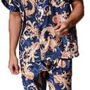 ZUEVI Men's Silk Satin Short Sleeve Pajamas Set Dragon Pattern Loungewear Button Down Pjs Set for Men (Blue Dragon-S)
