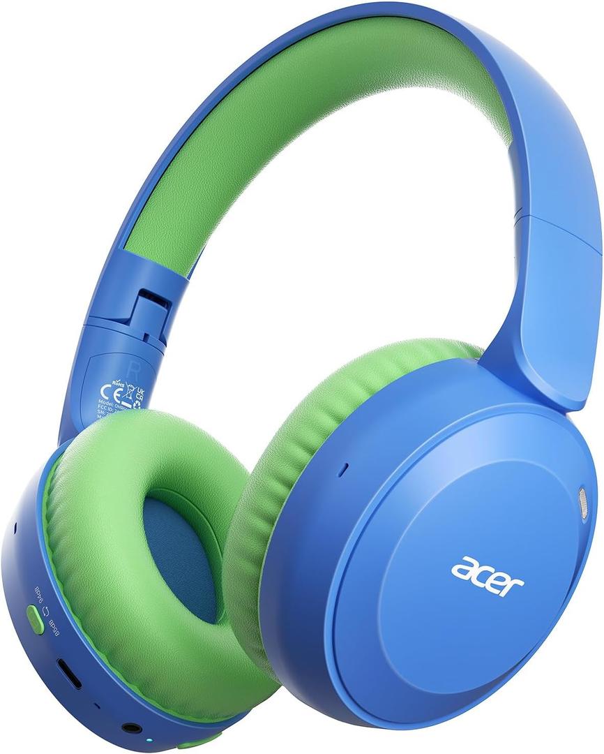 acer Kids Bluetooth Headphones, 85/94dB Volume Limiter, Foldable Wireless Over-Ear Headphones for iPad, Travel, 60H Playtime, Bluetooth 6.0, Built-in Mic, Blue Green, OHR668