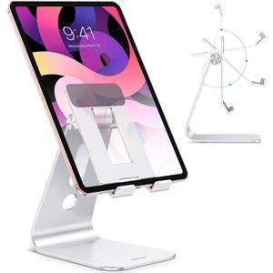 OMOTON Adjustable Tablet Stand for Desk, Upgraded Longer Arms for Greater Stability, T2 Tablet Holder with Hollow Design for Bigger Sized Phones and Tablets Such as iPad Pro/Air/Mini, Silver